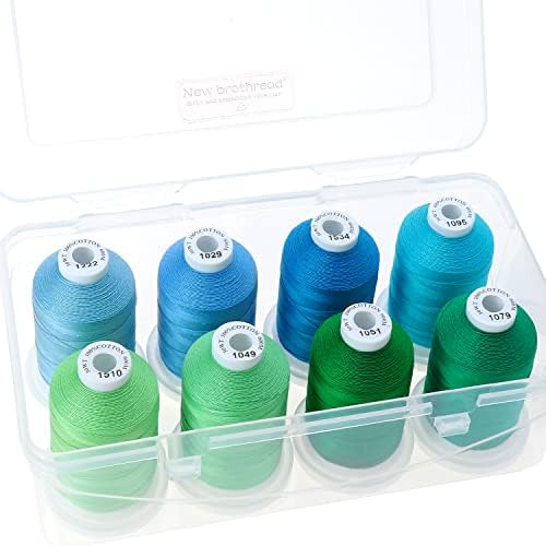 New brothread - 18 Options - Multi-Purpose 100% Mercerized Cotton Thread 50S/3 600M Each Spool for Quilting, Serger, Sewing and Embroidery - 8xParadise(Greens+Blues) with Clear Plastic Storage Box