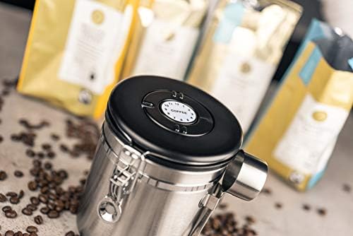 Café Olé CC-500S Stainless Steel Bean & Ground Coffee Storage Canister, 500g | Day/Date Tracking Dial, Measuring Scoop, Airtight Vacuum Seal