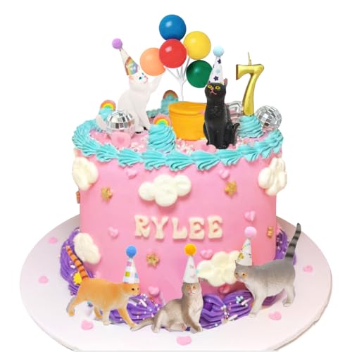 Cat Cake Toppers with Mini Hat Colorful Cake Decoration Set for Party Cat Theme