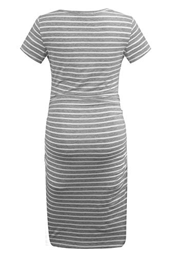 Smallshow Women's Short Sleeve Maternity Dress Ruched Pregnancy Clothes Medium Light Grey Stripe #TOP2