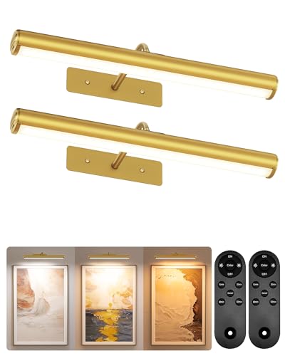 Image of EZVALO Picture Lights for Wall, 16 inch Rechargeable 6000mAh Painting Lights with Remote, Wireless Dimmable 3 Color Temps Art Lights for Gallery, Living Room, Hallway (Gold, 2Pack)