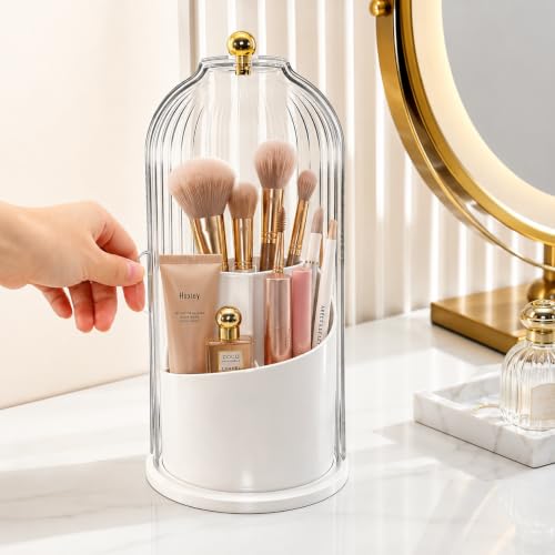 Makeup Brush Holder with 360° Rotating Base, Dustproof Cover
