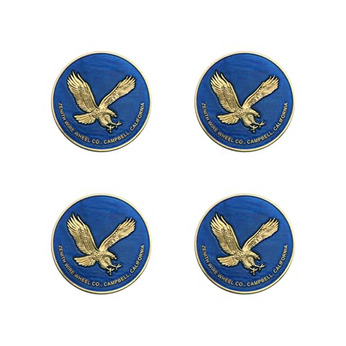Image of Zenith Eagle Gold & Candy Blue Metal Wheel Chip Emblems (Set of 4) | 24K Triple Gold Plated Solid Metal Wheel Chip Emblems, 2.25 inch | for Lowriders w /Recessed Knock Off Spinner Caps