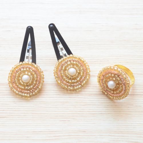 Golden Hair Clip Pins and Matched Adjustable Finger Ring Gift Set or Ethnic Accessories for Women or Girls for Weddings Mehendi or festivals Golden Hair Clip Pins and Matched Adjustable Finger Ring Gift Set or Ethnic Accessories for Women or Girls for Weddings Mehendi or festivals