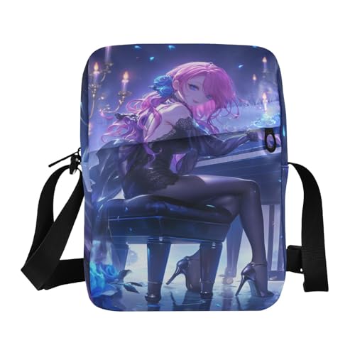 messenger bag for women mens shoulder bag Cross Body Purses Adjustable Strap for Shopping Shopping- Purple Blue Anime Play Piano