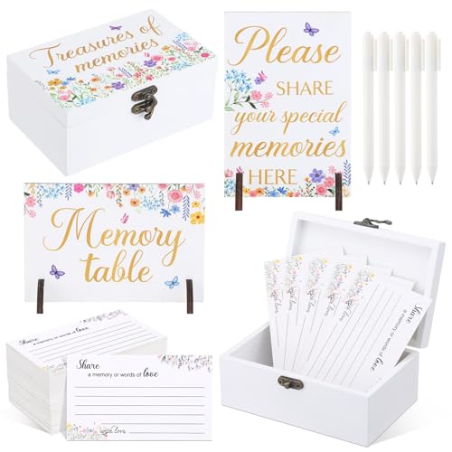 Image of Gilprop 112 Pcs Celebration of Life Memory Cards Set Share a Memory Cards with Box 2 Wood Sign with 4 Hold and 5 Pens, Sympathy Memorial Gifts Funeral Keepsake Decorations(Wildflowers)