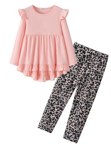 Image of Yekaty Girls Clothes Ruffle Shoulder High Low Hem Long Sleeve Top and Floral Pants 2 Piece Fall Outfits Clothing Set