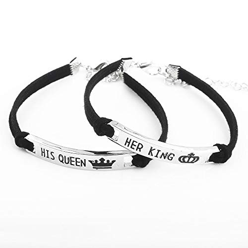 MSAI 2 Pulseras de Plata para Amantes de la Reina Rey, su Rey, Color Negro, con Cuerda para Regalar a Parejas románticas