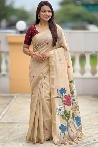 Image of SGF11 Women's Soft Cotton Linen Silk Saree With Blouse Piece