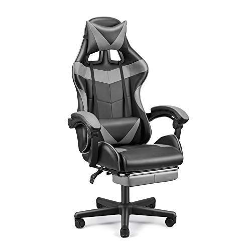 FERGHANA PC Gaming Chair,Racing Chair for Gaming,Computer Chair,E-Sports Chair,Ergonomic Office Chair with Retractable Footrest and Adjustable Headrest and Lumbar Support(Grey)