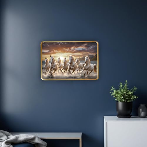 Image of Vastu 7 Seven Running Horse Photo Frame, Golden Slim Frame, Sparkle Coated Lamination, 30x45 cm (Design 16)