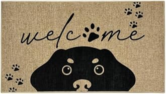 Black Dog Welcome Doormat Outdoor Indoor Cute Entrance Door Mat Funny Dog Front Back Door Mat Inside Outside Welcome Entryway Floor Mat Non-Slip Doormat for Patio Porch Hallway