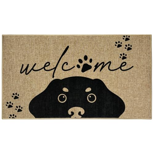 Black Dog Welcome Doormat Outdoor Indoor Cute Entrance Door Mat Funny Dog Front Back Door Mat Inside Outside Welcome Entryway Floor Mat Non-Slip Doormat for Patio Porch Hallway