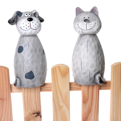 Annastore 2-TLG. Set Zaunhocker Katze Mia & Hund Schnuffel H 22 cm aus Keramik - Zaunfiguren - Zauntiere Katze - Zauntier Hund - Gartendeko Zaun (2-TLG. Set Hunde & Katze)