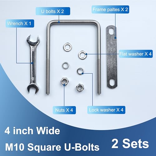 Image of 2 Pcs M10 Square U Bolts 4 Inch Wide, 3 /8 inch x 4 inchW x 6 inch L | 304 Stainless U Bolt Heavy Duty with Nuts, Bolt Plate and Washers,4 inch u bolt,Metric bolts