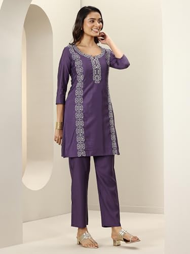Image of Libas Womens Embroidered Silk Blend Straight Kurta with Palazzos and Dupatta