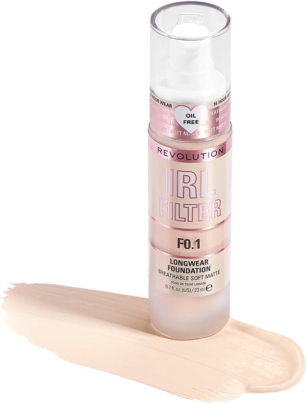 Revolution Beauty London Makeup IRL Filter, Longwear Foundation, Medium to Full Coverage, Matte Finish, 16 Hour Wear, F0.1, Fair To Light Skin Tones, 23ml