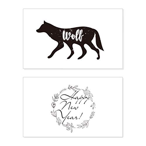 Tarjeta conmemorativa de año nuevo con diseño de lobo blanco y negro para felicitar las fiestas