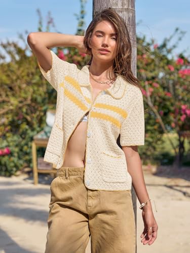 Image of Yousify Womens Casual Summer Short Sleeve Sweaters Button Down Crochet Knit Tops 2026 Loose Cute Cardigan Sweater