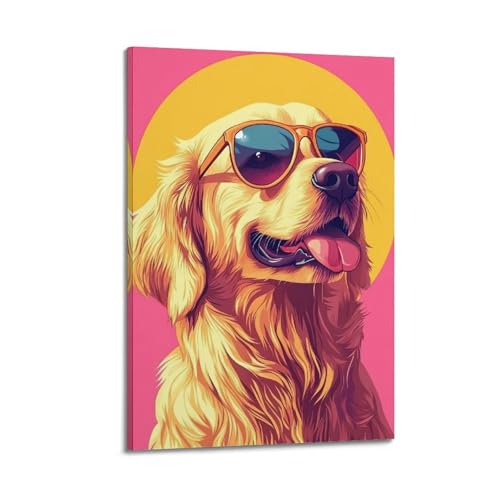 Golden Retriever toile 50x75 cm avec lunettes cadre moderne animal deco