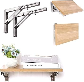 Folding Shelf Brackets, Heavy Duty Stainless Steel Collapsible DIY Wall Mounted Shelf Bracket, Max Load: 150 lb, for Table Work Bench Space Saving, Pack of 2 (8 Inch, Stainless Steel)