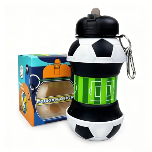 SOSOLOVE Wasserflasche aus Silikon Futball, Faltbar, BPA Frei, Auslaufsicher Trinkflasche, Leicht zu Reinigen, für Jungen und Mädchen, Kompakter Wasserball, für Camping, Schule, Sport