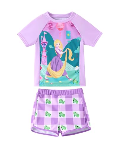 Disney Rapunzel Bathing Suit Girls Two Piece UPF 50+ Protection Quick-Dry Short Sleeve Swim Sets Rashguard Swimwear Purple 3-4T