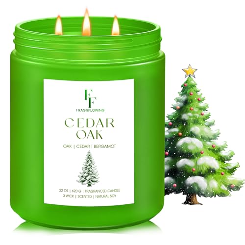 Cedar Oak Large Christmas Tree Candle, 3-Wick 22oz Long Lasting Scented Candle, Natural Soy Wax Aromatherapy Candle for Home, Holiday Candle Gifts for Women Men