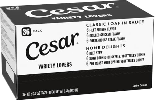 Image of Cesar Loaf and Delights Wet Dog Food, Variety Lovers Pack, 3.5 oz, 36 Count | Real beef or chicken #1 ingredient, no fillers or artificial flavors, easy to digest, slow-cooked, easy-peel trays