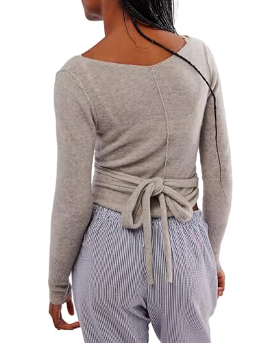 Women's Pullover Ribbed Cropped Crochet Cardigan Drawstring Ruched Solid V-Neck Long Sleeve Tops for Beach Grey, Medium