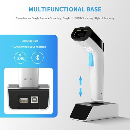 NETUM Scanner de código de barras 2D híbrido sem fio, leitor de etiquetas RFID UHF e leitura de códi