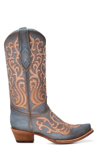 Corral Boots Womens Embroidered Rhinestone Snip Toe Dress Boots Mid Calf Mid Heel 2-3" - Blue, Brown2