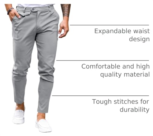 Image of Mens Chinos Slim Fit Pants Stretch Tapered Dress Pant Casual Trousers | Skinny Slacks, Flat Front Design, Stretch Cotton Fabric, Solid or Plaid, Work Dress Pants, Business Casual Wear