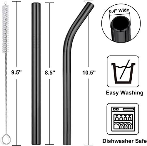 Image of Vinaco Reusable Wide Mouth Straws - 8.5 inch & 10.5 inch Stainless Steel, Set of 4 with CleanerBrush, Black Metal Straws forThicker Drinks