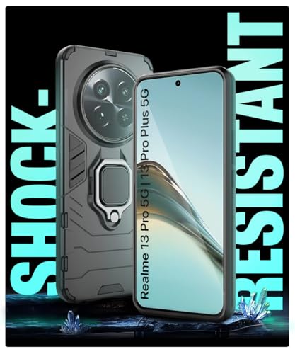Image of WOW IMAGINE Shock Proof Back Case Mobile Cover for Realme 13 Pro 5G | Realme 13 Pro Plus 5G | Back Cover Case (Tough Armor | Hybrid PC + TPU | Ring Holder & in-Built Kickstand | Black)