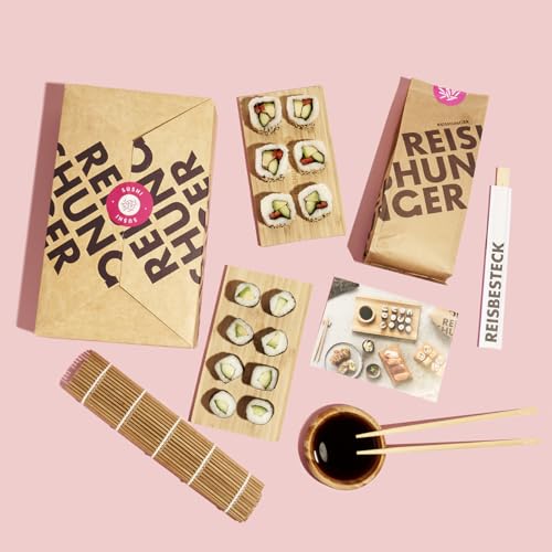Reishunger Sushi Einsteiger Box inkl. Rezeptkarte – Komplett-Set mit original Japanischen Zutaten: Sushi Reis, Bambusmatte, Sojasauce, Nori Algen, Wasabi, Ingwer, Essstäbchen - MHD: 27.12.2025