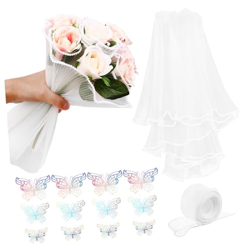 Housoutil Flower Bouquet Supplies 1 Set Pearl Mesh Butterfly Decorated Paper Floral Wrapping Ribbon for Bouquets