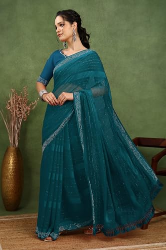 Image of MIRCHI FASHION Saree for Woman Georgette Solid with Satin Stripes | Stone Border Farewell and Ceremonial Sari with Blouse Piece