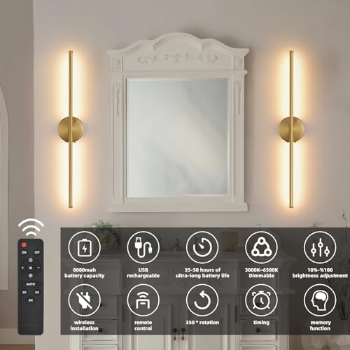 Image of Wall Sconces Battery Operated Set of Two, Gold LED Wireless Wall Sconce with Remote Control 350 Rotate, 27.6 Inch Dimmable USB Rechargeable wall Lights for Living Room Bedroom Hallway