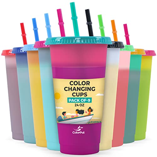 Image of COLORPUL Plastic Tumblers with Lids and Straws - 9 Packs 24oz Color Changing Cups Thick Plastic Cups With Lids And Straws-Reusable Cup With Lids And Straws-Kids Cup With Straws And Lids-SmoothieCup