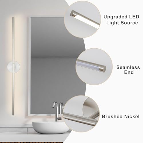 Image of Brushed Nickel Bathroom Light Fixtures Over Mirror 43 Inch, 33W 360 Rotatable Dimmable 4000K LED Vanity Light Bar, Modern Bathroom Vanity Lights Above Mirror