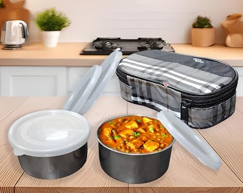Image of Taxton Stainless Steel Lunch Box with 2 Containers and Insulated Carry Bag, Checkered Pattern, Plastic Lid (Black Grey)