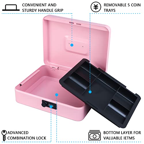 Image of KYODOLED Metal Cash Box with Combination Lock Money Box for Cash Safe Metal Box with Money Tray for Security Lock Box 11.81 inchx 9.45 inchx 3.54 inch Pink X Large