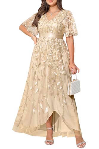Plus Size Gold Dress Champagne Mother of Bride Formal Evening Gowns Wedding Guest Long Bridesmaid Prom Gala Dress Sleeve