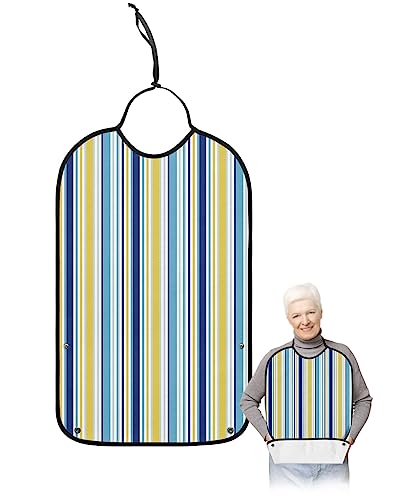 Yellow Blue Stripe Adult Bib for Eating with Crumb Catcher,Washable & Waterproof Terry Cloth Adjustable Elderly Women Men Adult Bibs Funny Apron Clothing Protector Abstract Minimalist Geometric