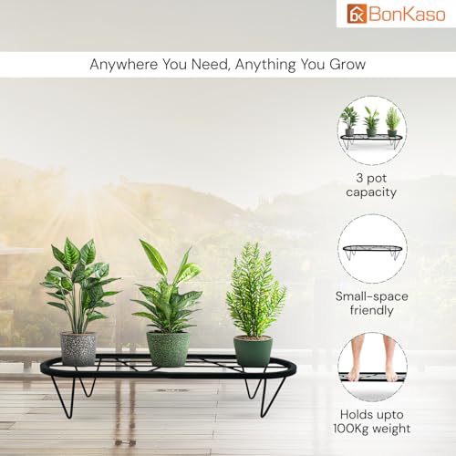 Image of BonKaso Heavy Duty Stadium Plant Stand: 60.9X 22.5 x 12.7 cm, Black - Set of 4, Modern Design for Indoor & Outdoor Use, Sturdy, Anti-Rust Planter Stand for Garden, Balcony, Patio