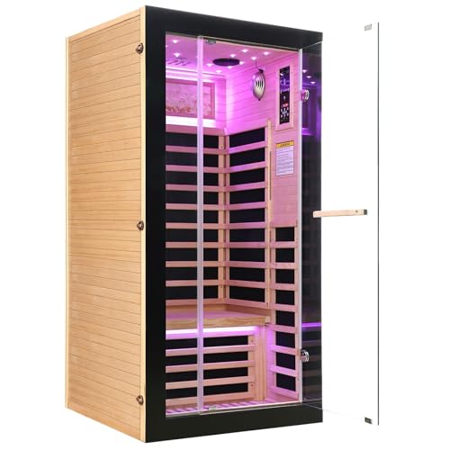 HOSAUNA Infrared Sauna 1 Person Far Infrared Sauna Home Indoor Dry Sauna Low EMF Hemlock Wood Sauna Room with 7 Color Starry Sky Light Ceiling Speaker Fast Heating Easy Assembly 35.4x35.4x70.8