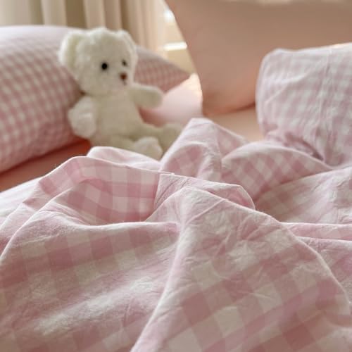 Image of VM VOUGEMARKET Pink Gingham Duvet Cover Set for Girls, Queen Size | Soft Washed Cotton, Duvet Cover Includes Pillowcases, Aesthetic Plaid Design, For Teen Girls & Students, Bedroom Dorm Decor