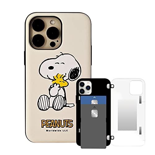 [Iphone 14 Pro Max Mirror Wallet Case] Kubrick Peanuts Snoopy Case Card Holder Mirror Bumper Phone Case Dual Layers Polyurethane Shockproof Uv Printing (Snoopy) #TOP8