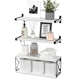 WOPITUES Floating Shelves Wall Mounted, Wood Bathroom Shelves with Extra Storage Shelf, Rustic Wall
